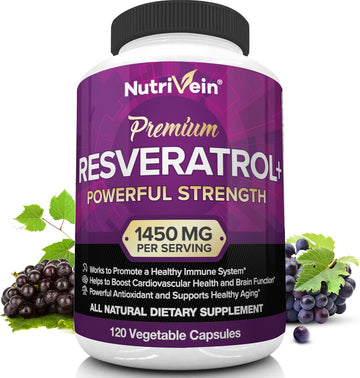 Nutrivein Resveratrol 1450Mg - Antioxidant Supplement 120 Capsules – Supports Healthy Aging & Promotes Immune, Brain Boost & Joint Support - Made With Trans-Resveratrol, Green Tea Leaf, Acai Berry