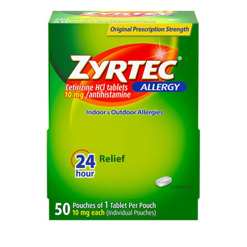 Zyrtec 24 Hour Allergy Relief Tablets, Individually Wrapped Indoor And Outdoor Allergy Medicine With 10 Mg Cetirizine Hcl Per Antihistamine Tablet, 1 Tablet Per Pack, 50 Ct Dispensit Pack