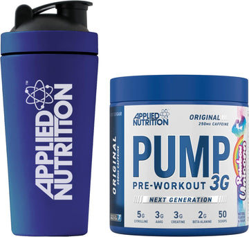 Applied Nutrition Pump Zero Pre Workout + 750Ml Steel Protein Shaker - Zero Stim, Caffeine Free, Energy & Performance (375G - 25 Servings) (Icy Blue Raz)
