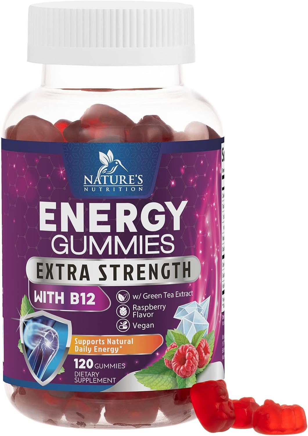 Energy Gummies Vitamin B12, Green Tea Natural Caffeine Support, Extra Strength 1000 Mcg Daily Energy Vitamins, Delicious Berry Flavor Gluten Free Chewable Supplement For Cycling & Running - 120 Chews