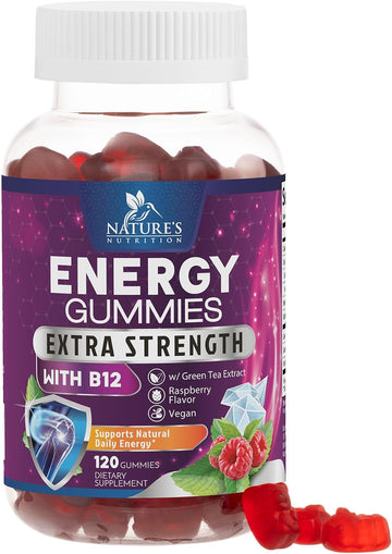 Energy Gummies Vitamin B12, Green Tea Natural Caffeine Support, Extra Strength 1000 Mcg Daily Energy Vitamins, Delicious Berry Flavor Gluten Free Chewable Supplement For Cycling & Running - 120 Chews