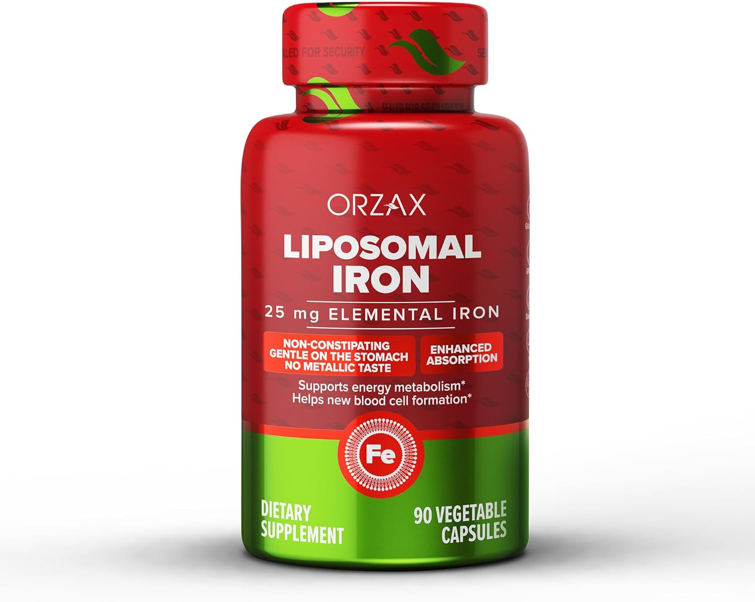 Orzax Iron Supplement 25 Mg -Liposomal Technology- High Bioavailability 90 Vegetable Capsules, Helps New Blood Cell Production, Non-Constipating, Non-Gmo & Gluten Free, For Women, Men, Adults