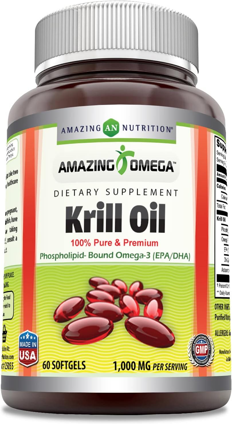 Amazing Omega Krill Oil with Omega 3s EPA, DHA, Phospholipids and Astaxanthin 1000mg per Serving 60 softgels Supplement | Non-GMO | Gluten Free