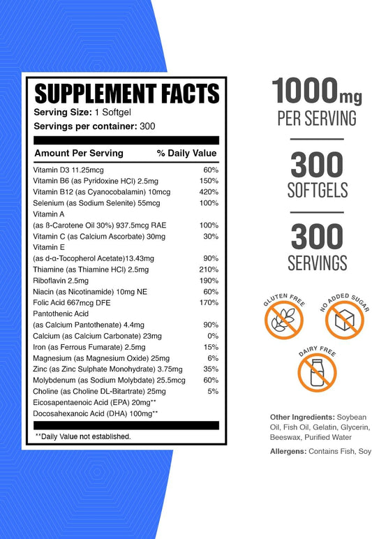 BulkSupplements.com Multivitamin Softgels - Daily Multivitamin, Multimineral Supplement, Multivitamin for Adults wit Fish Oil - Gluten Free, 1 Softgel per Serving, 300 Count (Pack of 1)