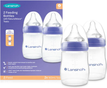 Lansinoh Anti Colic Baby Bottle - 2 Pack 160 ml - NaturalWave® Teats Reduces Nipple Confusion - BPA & BPS-Free Breastfeeding Bottle Feeding Stackable Lid Fridge Freezer Milk Storage Feeding Bottles