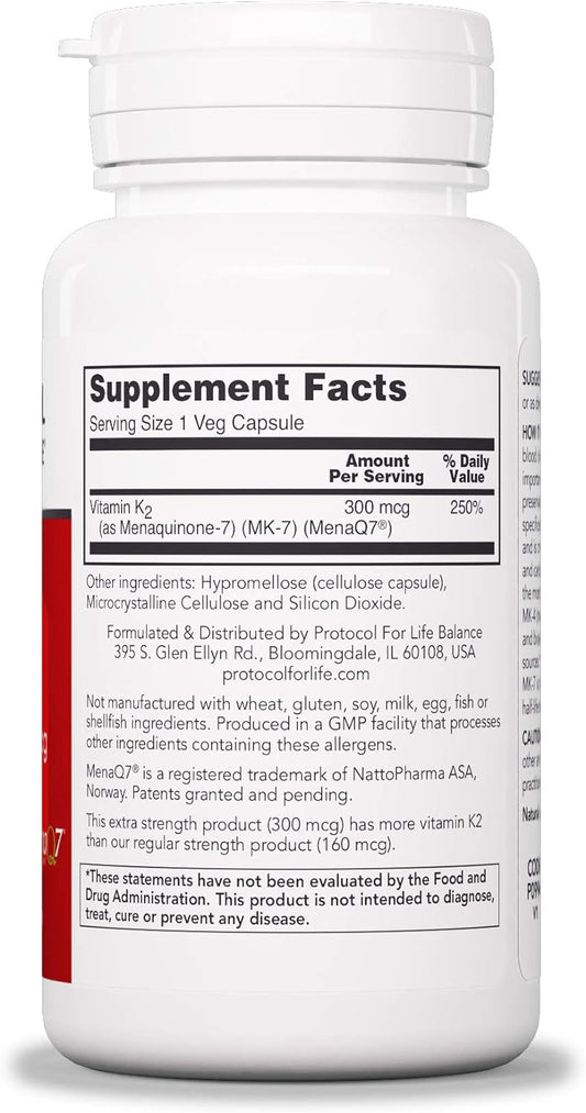 Protocol MK-7 Vitamin K2 300mcg - Extra Strength - VIT K Supplement - MK-7 Vitamin K2 Life Balance - Supports Bone Health & Vascular Elasticity* - Non-GMO & Vegan - 60 Veg Capsules