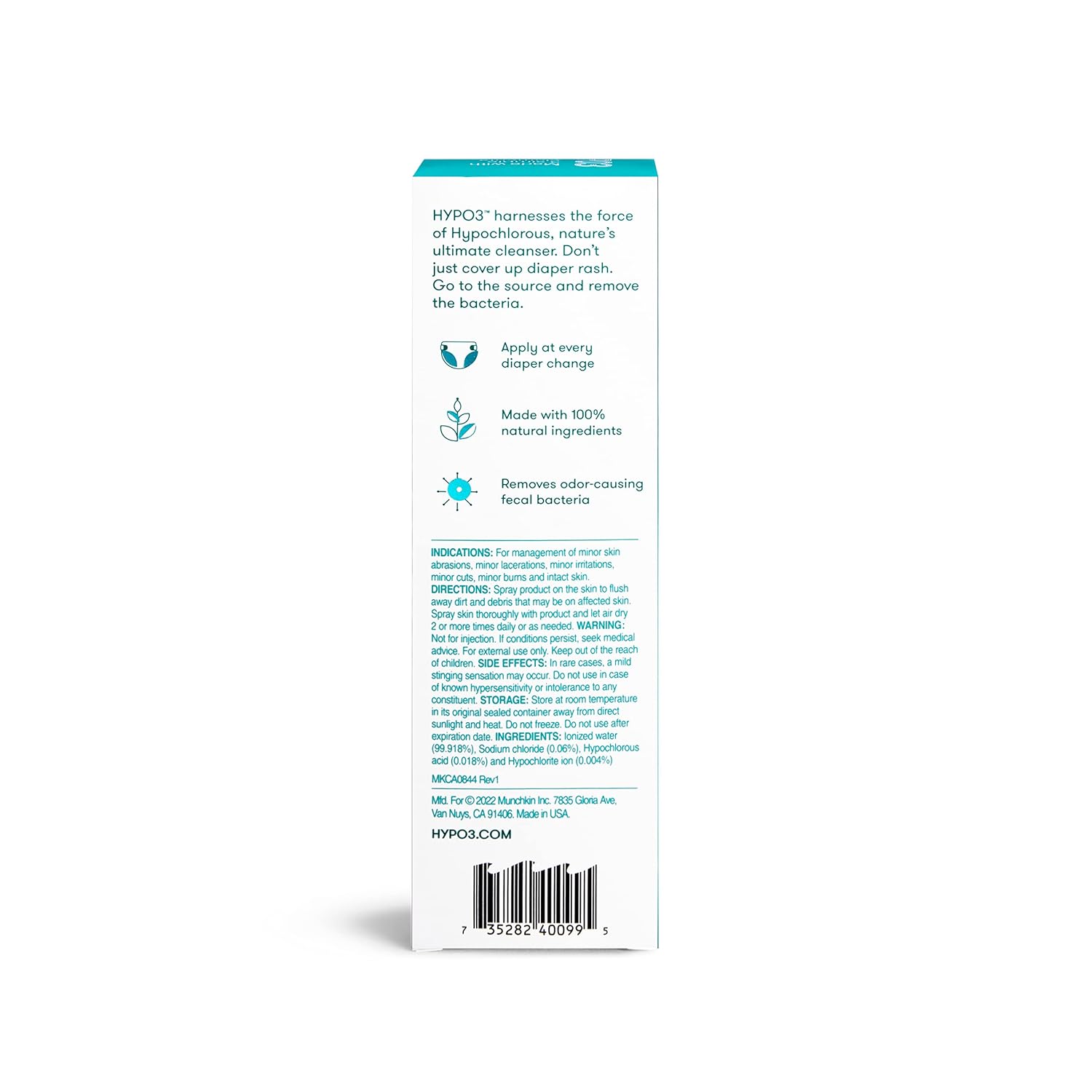 Munchkin® HYP03™ Diaper Rash Spray with Hypochlorous Acid, Removes Rash-Causing Germs and Helps Promote Healing of Irritated Skin, Gentle for Sensitive & Eczema-Prone Skin, 3.4oz Mess-Free Spray : Baby