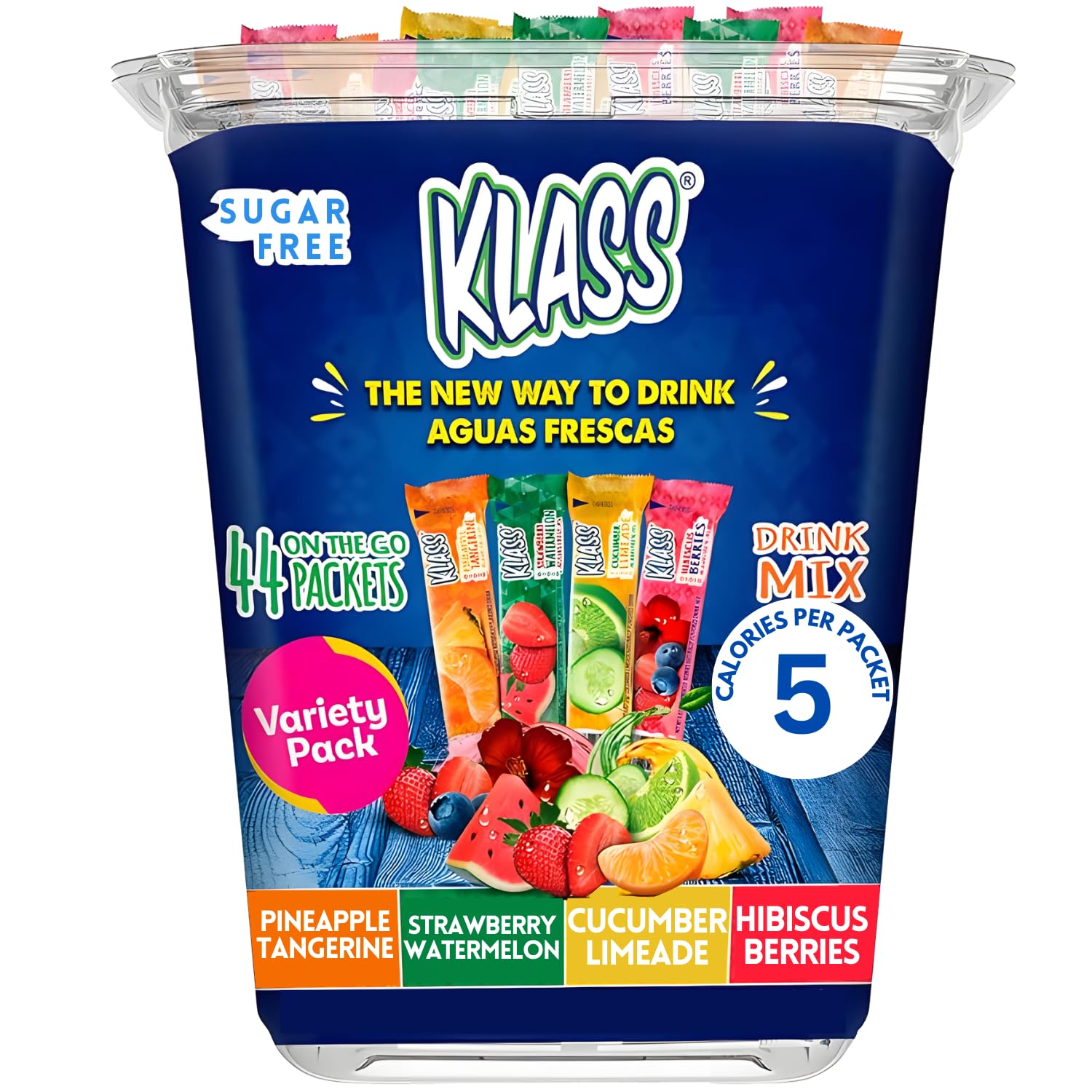 Drink Mix Klass Aguas Frescas - 44 Powdered Sugar Free Singles - Flavors: Cucumber Limeade Pineapple Tangerine Strawberry Watermelon & Hibiscus Berries - Water Enhancer Packets To Go!