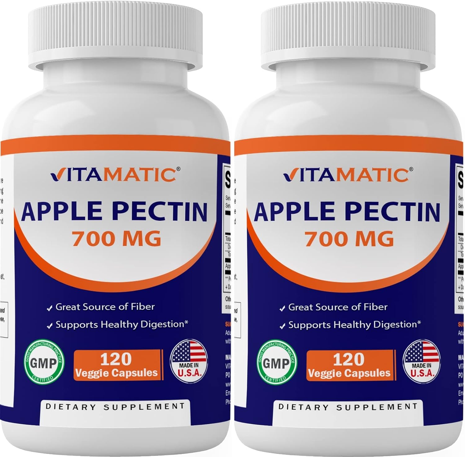 Vitamatic 2 Pack Apple Pectin 700 mg 120 Vegetarian Capsules - Dietary Fiber - Promotes Healthy Intestinal Health