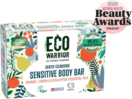 Eco Warrior Sensitive Body Soap Bar | Vegan, Cruelty Free, Natural, Eco Friendly | No Sls Or Parbens | Gently Cleansing With Green Clay & Orange, Lemon, Eucalyptus Essential Oils | Body Bar Soap, 100G