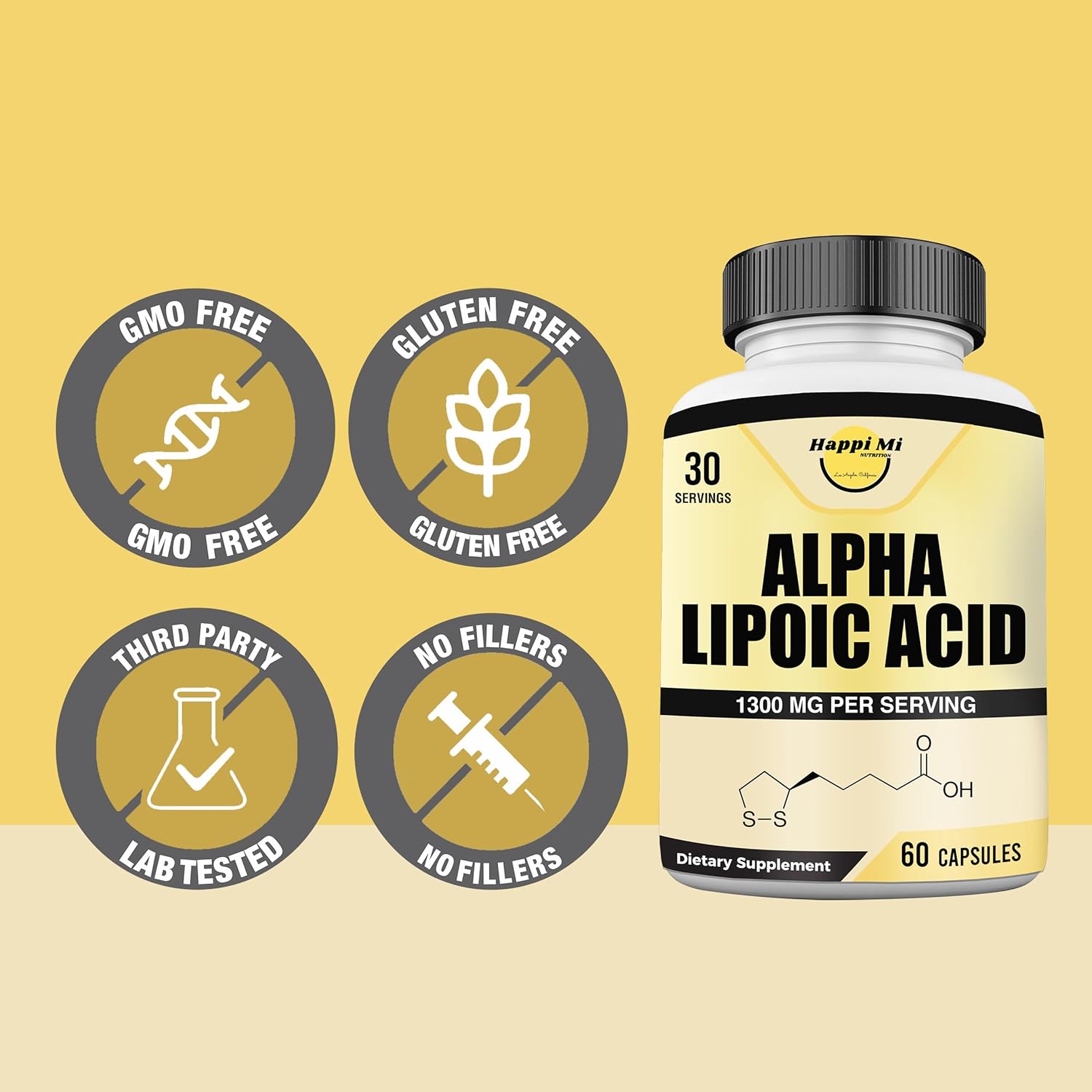 Happi Mi Nutrition Alpha Lipoic Acid Capsules 1300Mg Per Serving - 30 Servings Per Bottle - Antioxidant Support For Overall Health : Health & Household