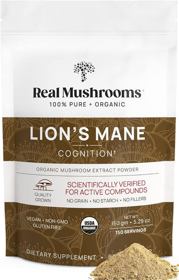 Real Mushrooms Lion’S Mane Powder - Organic Lions Mane Mushroom Extract For Cognitive Function & Immune Support - Brain Supplements For Memory And Focus - Vegan Mushroom Supplement, 150 Servings