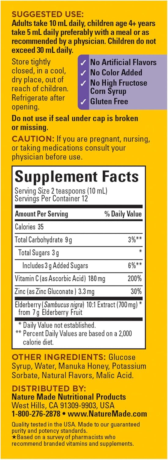 Nature Made Elderberry Syrup With Vitamin C And Zinc, Dietary Supplement For Immune Support, 4 Fl Oz Syrup
