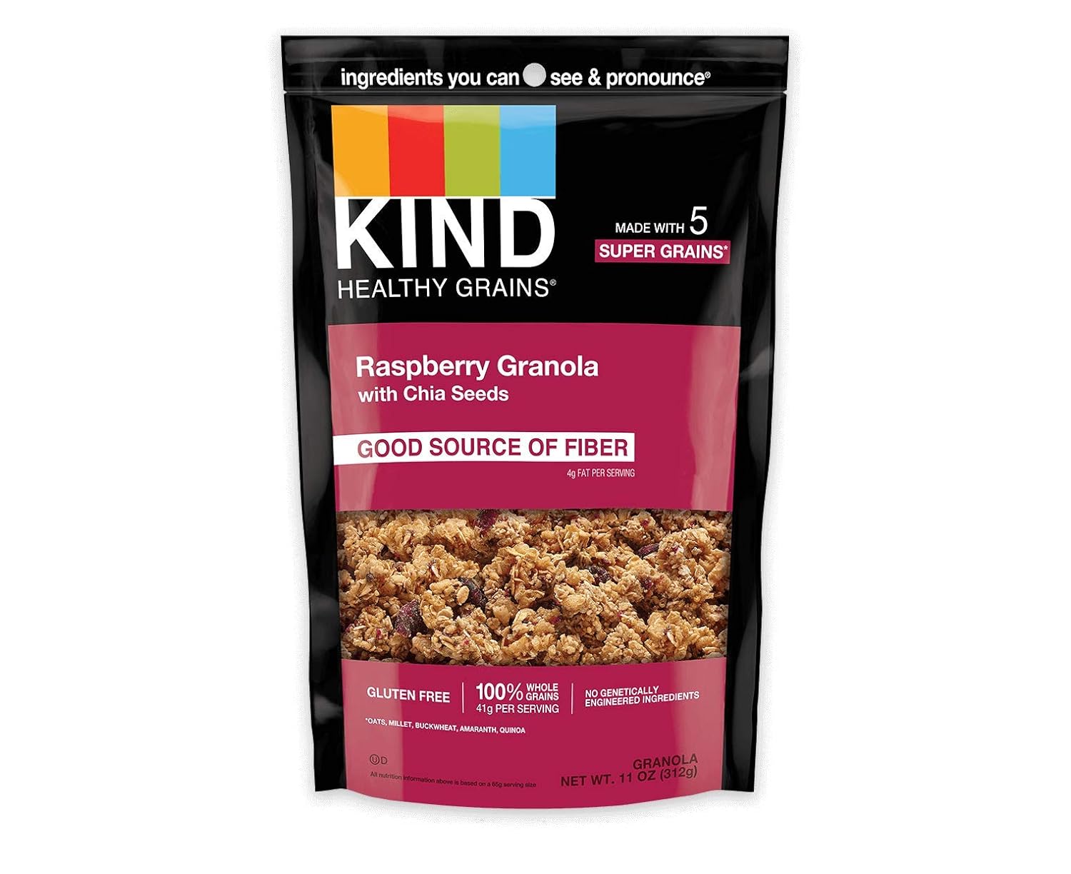 Kind Healthy Grains Granola, Healthy Snack, Raspberry Granola With Chia Seeds, Snack Mix 11 Oz (6 Pack)