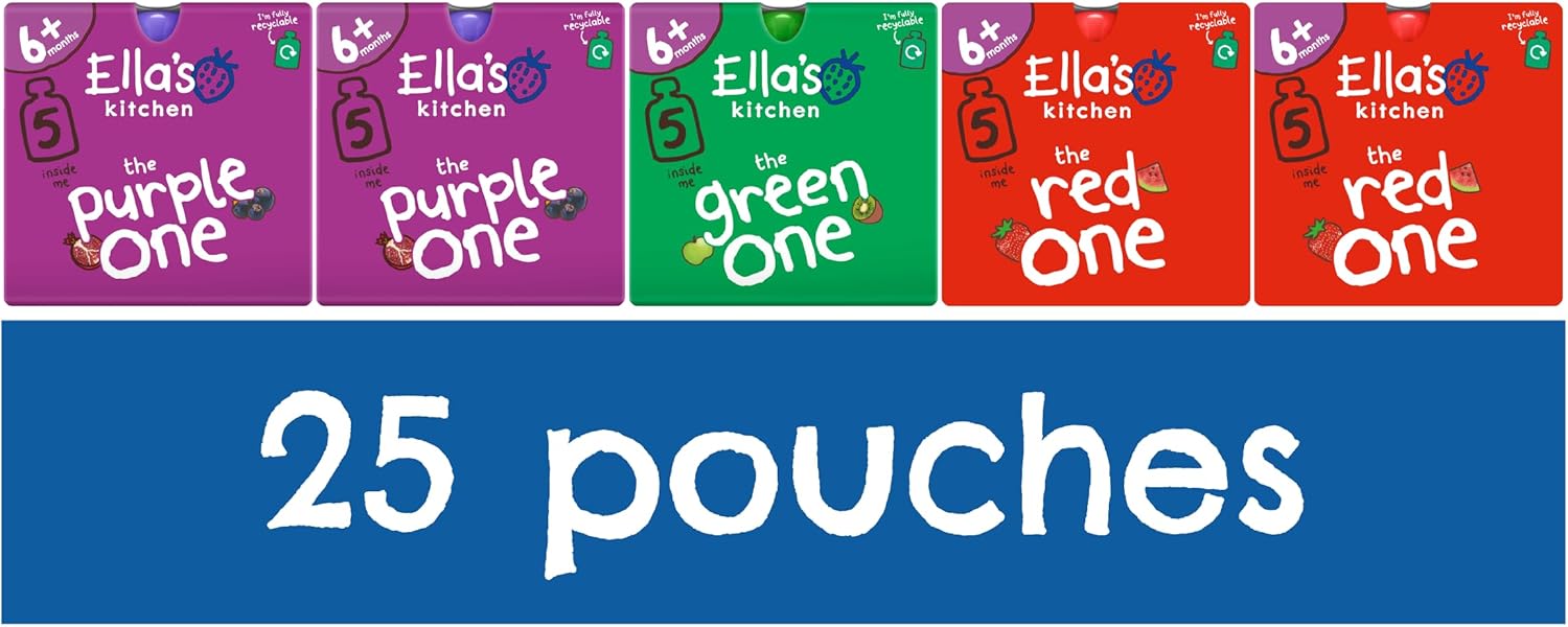 Ella'S Kitchen Organic Fruit Smoothie Assortment, Pack Of 25 Pouches (10 X Red, 10 X Purple, 5 X Green)