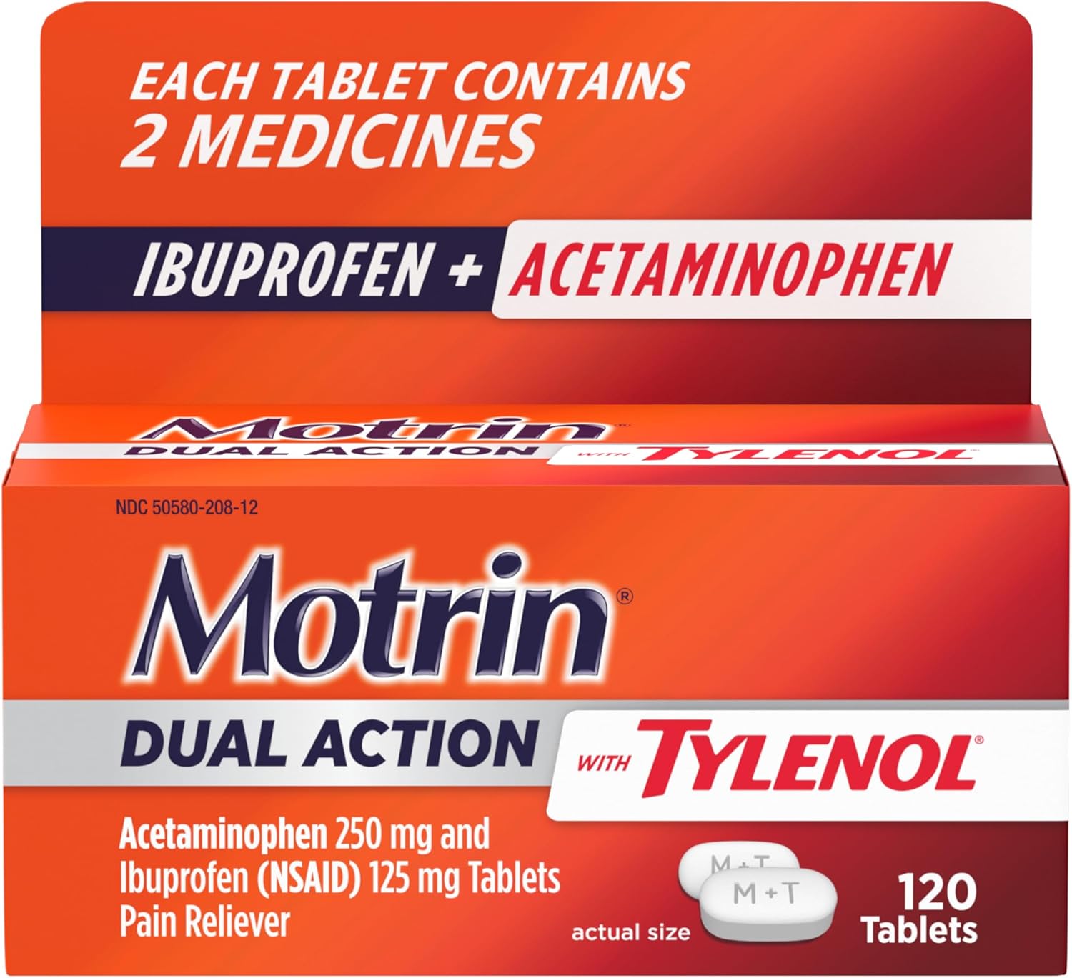 Motrin Dual Action With Tylenol, Fast-Acting Dual Action Pain Reliever With Ibuprofen & Acetaminophen For Minor Aches & Pains, Ibuprofen (Nsaid) 125 Mg & Acetaminophen 250 Mg, 80 Ct