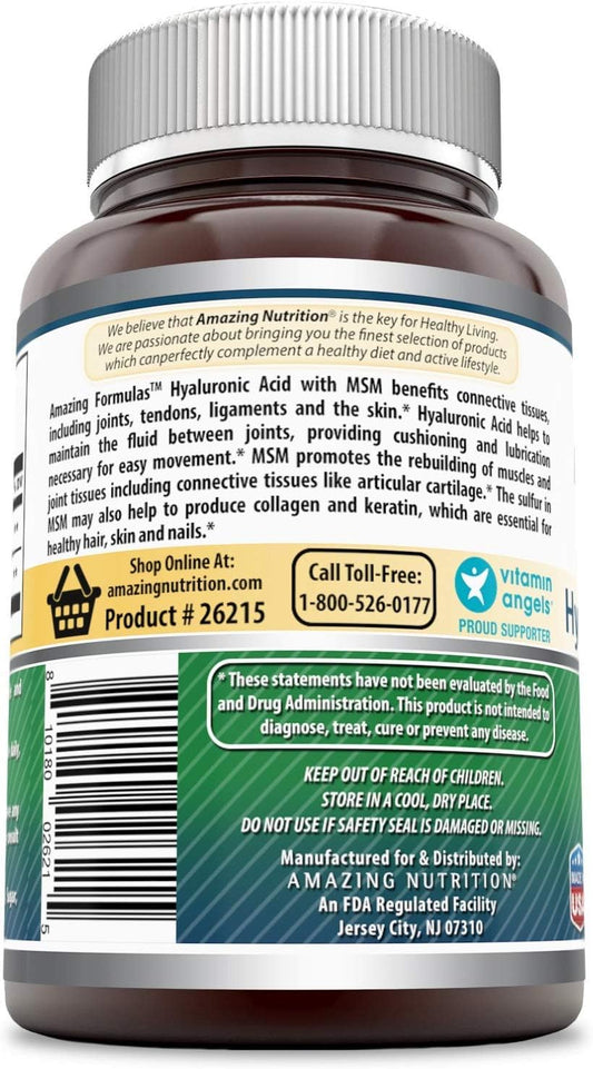 Amazing Formulas Hyaluronic Acid & MSM Dietary Supplement-500 Milligrams-120 Capsules (Non-GMO, Gluten Free)-Provides Joint, Tendon & Ligament Support - Promotes exibility (Pack of 2)