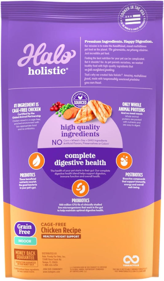 Halo Holistic Indoor Cat Food Dry, Grain Free Cage-free Chicken Recipe for healthy weight support, Complete Digestive Health, Dry Cat Food Bag, Adult Formula, 3-lb Bag