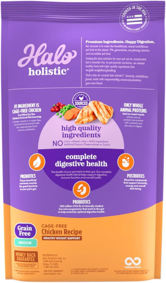 Halo Holistic Indoor Cat Food Dry, Grain Free Cage-Free Chicken Recipe For Healthy Weight Support, Complete Digestive Health, Dry Cat Food Bag, Adult Formula, 3-Lb Bag