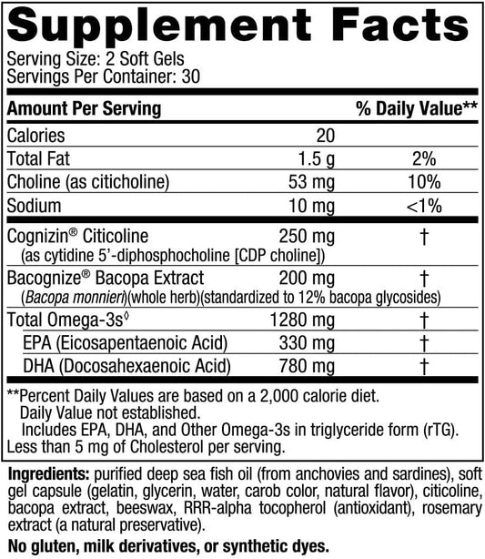 Nordic Naturals Omega Focus, Lemon - 60 Soft Gels - 1280 mg Omega-3 + Citicoline & Bacopa Monnieri Extract - Focus, Attention, Memory, Brain Health - Non-GMO - 30 Servings