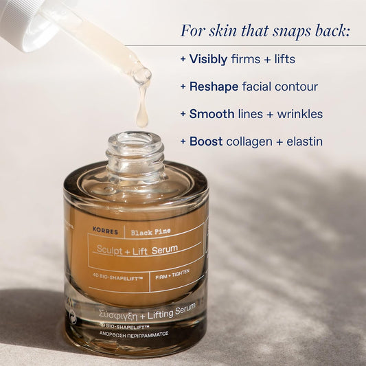 Korres Black Pine Sculpt & Lift Face Serum, Daily Facial Serum For Women And Men, Tightening And Hydrating Skin Care For Fine Lines And Wrinkles, Supports Collagen & Elastin, 1.01 Fl Oz