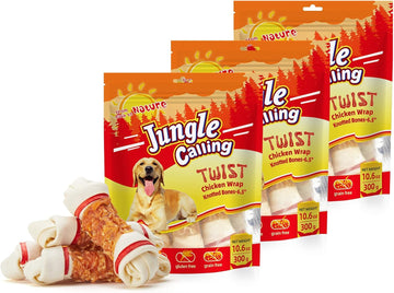 Jungle Calling Chicken Wrap Knotted Bones Dog Chews 6.5" Pack Of 4, Long Lasting Beefhide Treats Real Chicken Wrap Rawhide Bones For Large Dogs Training Treats (3 Packs)