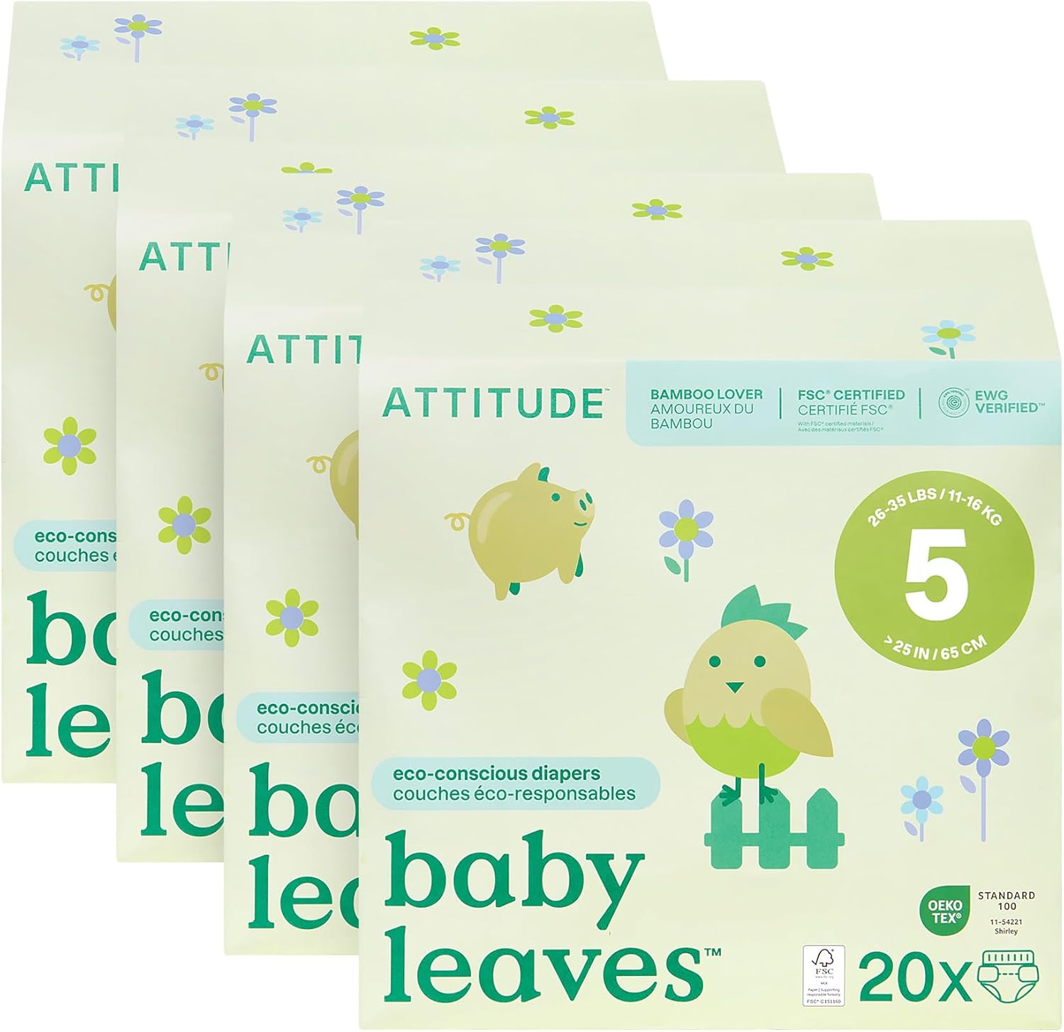 Attitude Eco-Conscious Disposable Diapers, Ewg Verified, Size 5 (26-35 Lbs), Ultra Absorbent For Baby, Vegan & Plant-Based, 20 Count (Pack Of 4)