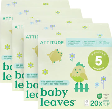 Attitude Eco-Conscious Disposable Diapers, Ewg Verified, Size 5 (26-35 Lbs), Ultra Absorbent For Baby, Vegan & Plant-Based, 20 Count (Pack Of 4)