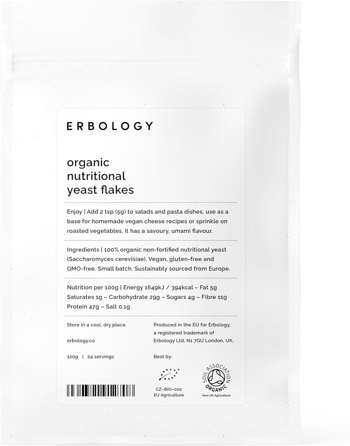 Erbology Organic Nutritional Yeast Flakes 120g - 24 Servings - Non-fortified - Immunity and Gut Health Support - Rich in B Vitamins - Sustainably Sourced in Europe - Vegan - Gluten-free - GMO-free : Amazon.co.uk: Health & Personal Care