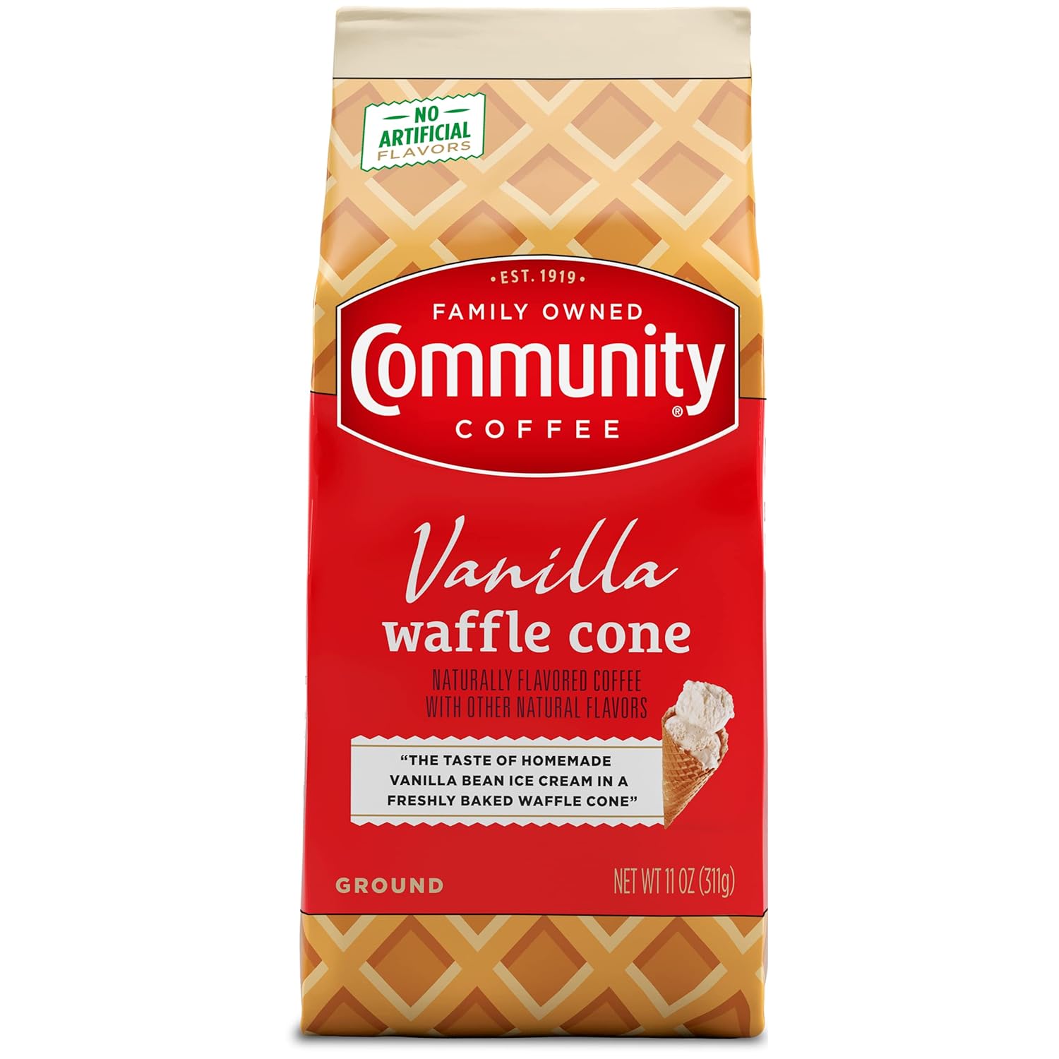 Community Coffee Vanilla Waffle Cone, Ice Cream Flavored Ground Coffee, 11 Ounce Bag (Pack of 1)