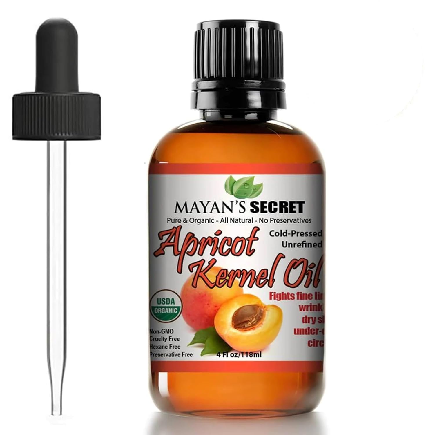 Usda Certified Organic Apricot Kernel Oil - Cold Pressed, Unrefined, Presented In Amber Glass Bottle With Glass Eyedropper For Convenient Application - 4 Oz | Moisturizing
