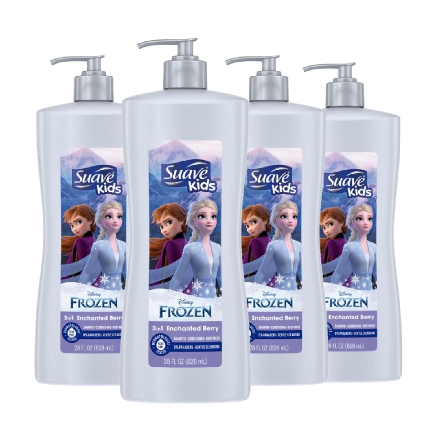 Suave Kids 3 In 1 Enchanted Berry Shampoo, Conditioner, & Body Wash,Dermatologist Tested And Tear-Free 28 Oz, (Pack Of 4) Packaging May Vary