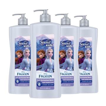 Suave Kids 3 In 1 Enchanted Berry Shampoo, Conditioner, & Body Wash,Dermatologist Tested And Tear-Free 28 Oz, (Pack Of 4) Packaging May Vary