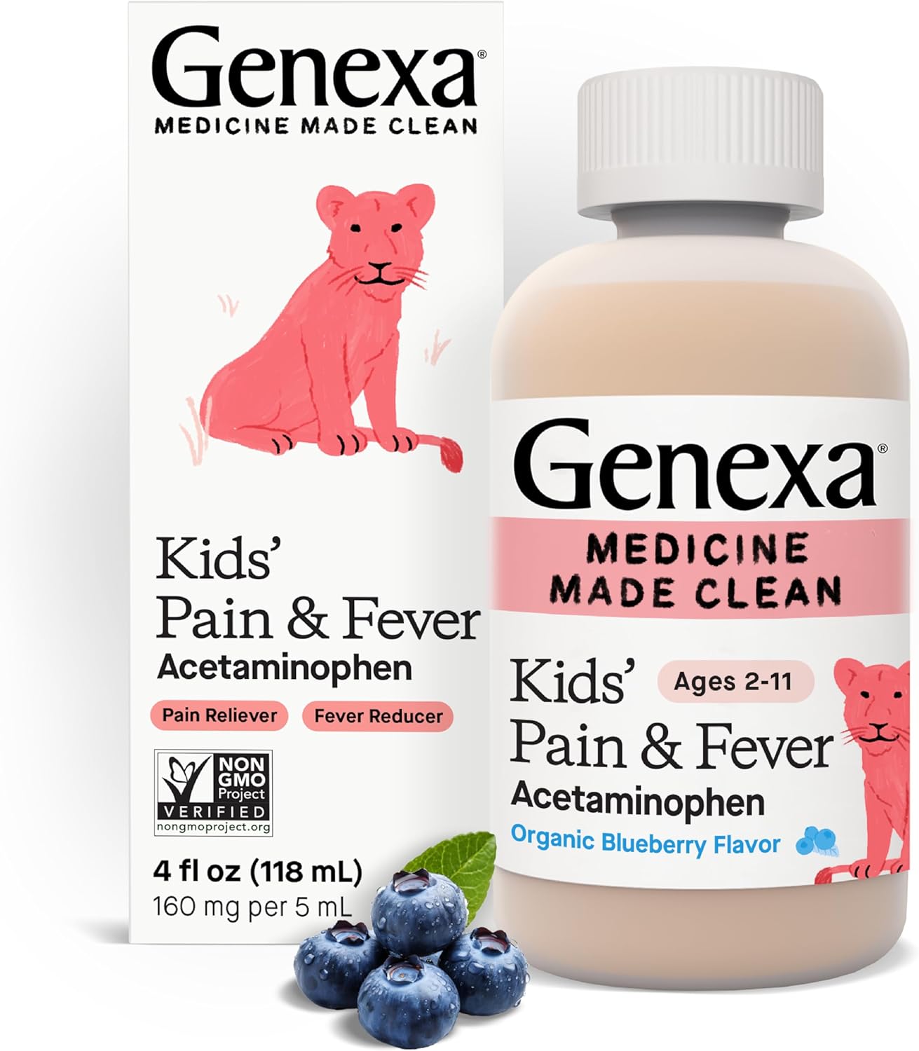 Genexa Kids’ Pain And Fever Reducer | Childrens Acetaminophen, Dye Free, Liquid Oral Suspension Medicine | Delicious Organic Blueberry Flavor | 160 Mg Per 5Ml | 4 Fluid Ounces