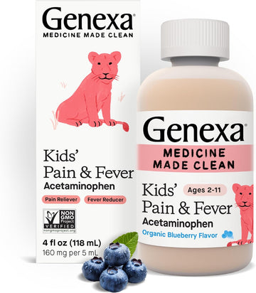 Genexa Kids’ Pain And Fever Reducer | Childrens Acetaminophen, Dye Free, Liquid Oral Suspension Medicine | Delicious Organic Blueberry Flavor | 160 Mg Per 5Ml | 4 Fluid Ounces