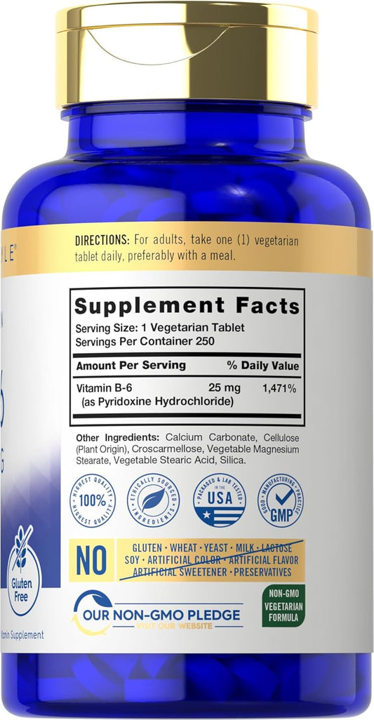 Carlyle Vitamin B6 | 25Mg | 250 Tablets | Vegetarian, Non-Gmo & Gluten Free Supplement