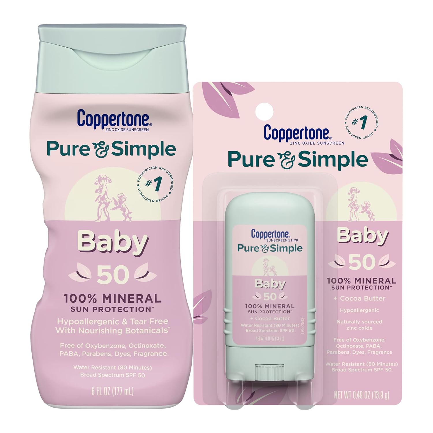 Coppertone Pure And Simple Baby Mineral Sunscreen Lotion Spf 50 (6 Fl Oz) + Baby Sunscreen Stick Spf 50 (0.49 Oz), Hypoallergenic And Tear Free