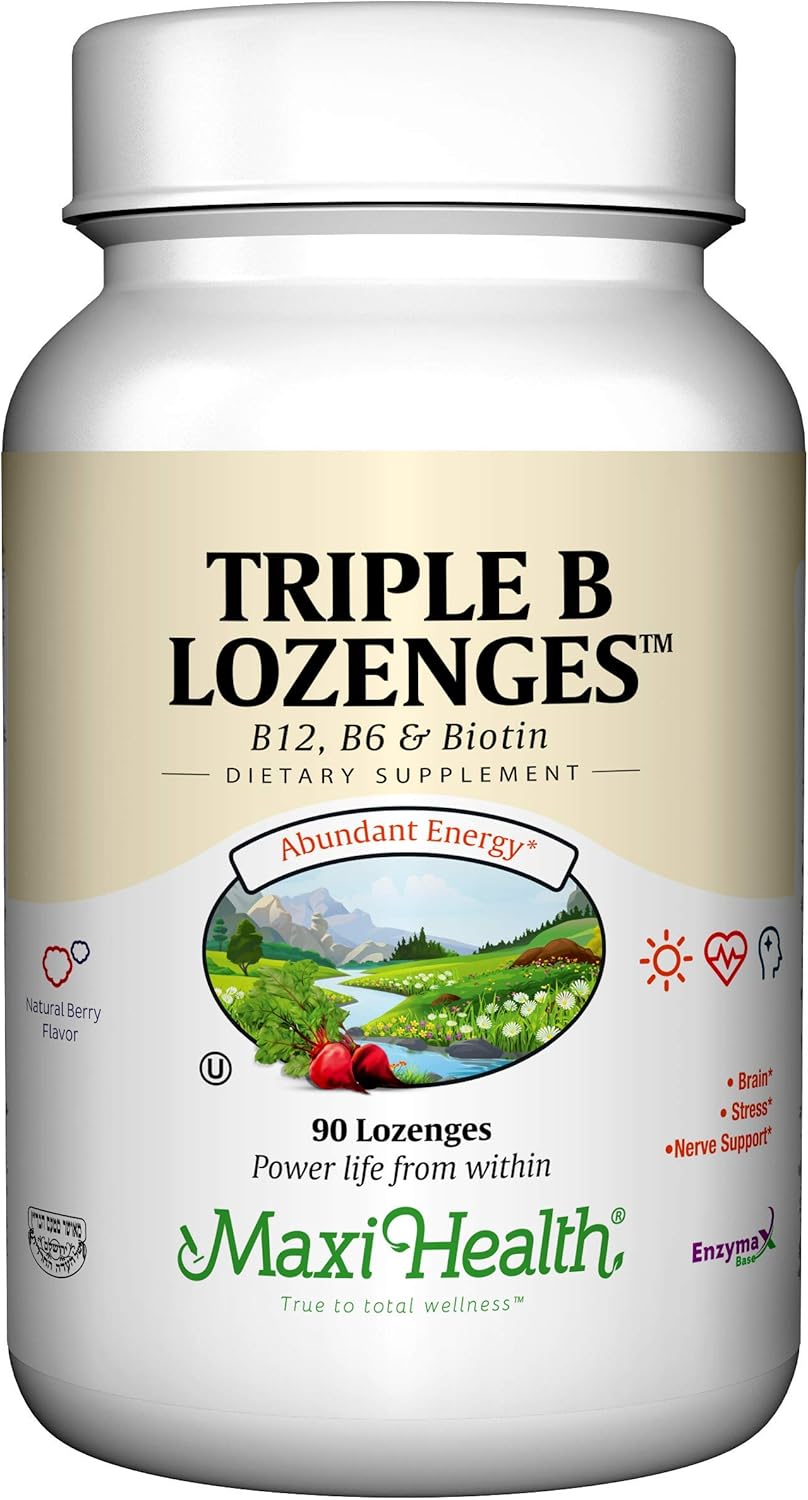 Maxi Health Triple B Lozenges - Vitamin B12 & B6 & Biotin - Strawberry Flavor - 90 Chewies - Kosher : Health & Household