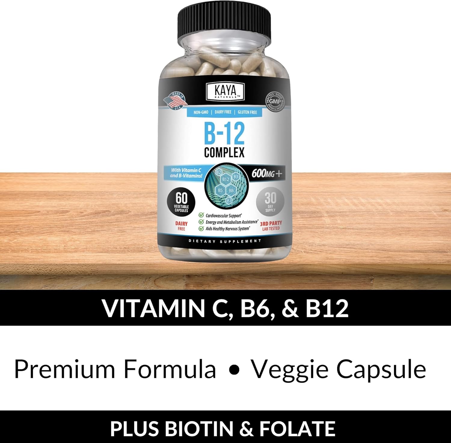 Kaya Naturals B-12 Complex | Multivitamin Supplement for Women & Men | Energy and Metabolism Booster | Vitamin Supplement with Biotin, Choline, Inositol, Folate, and Vitamin C – 60 Count : Health & Household