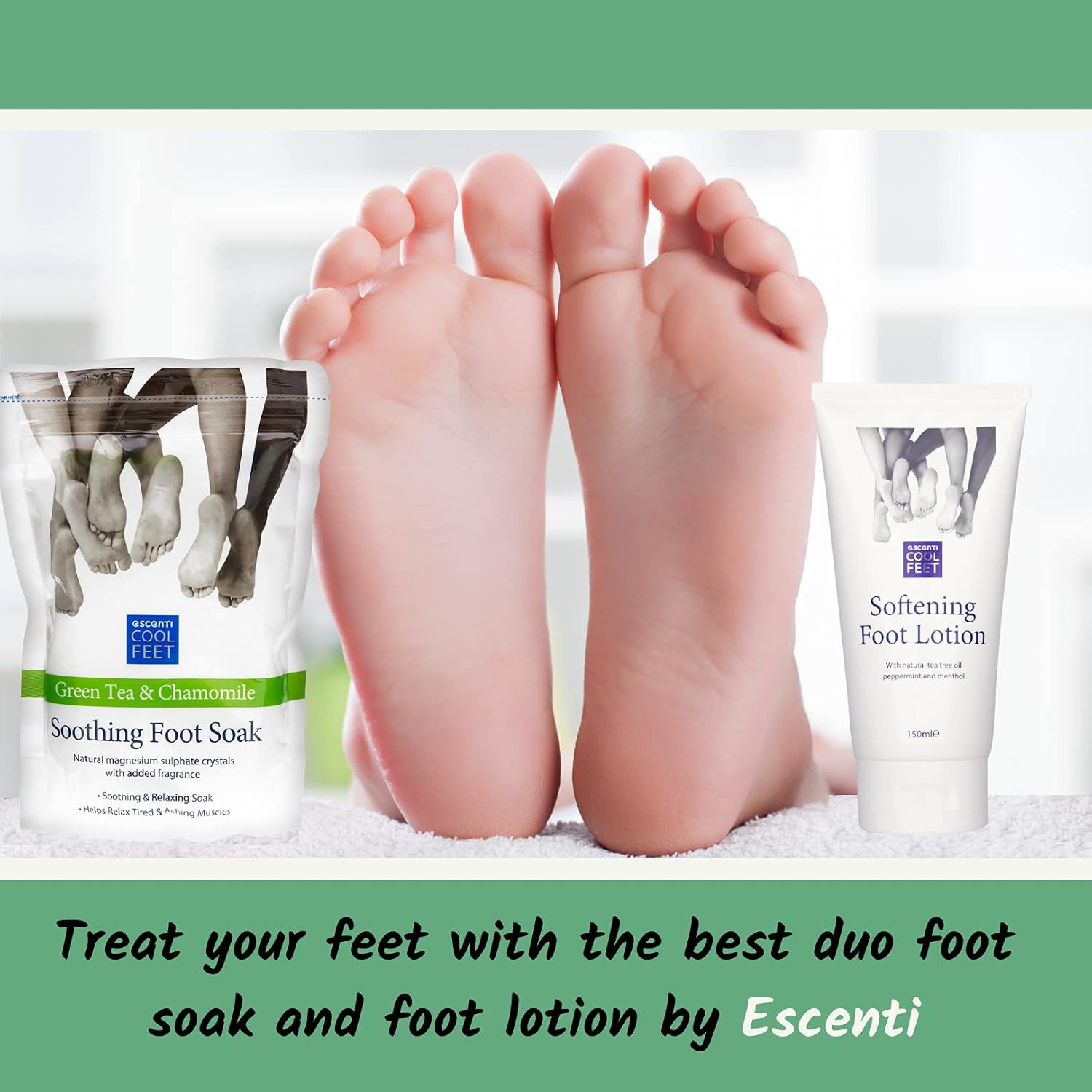 Escenti Cool Feet Soothing Foot Soak With Green Tea & Chamomile And Escenti Softening Foot Lotion 150Ml | Foot Softener Set For Dry Skin | Helps Relax Tired Muscles