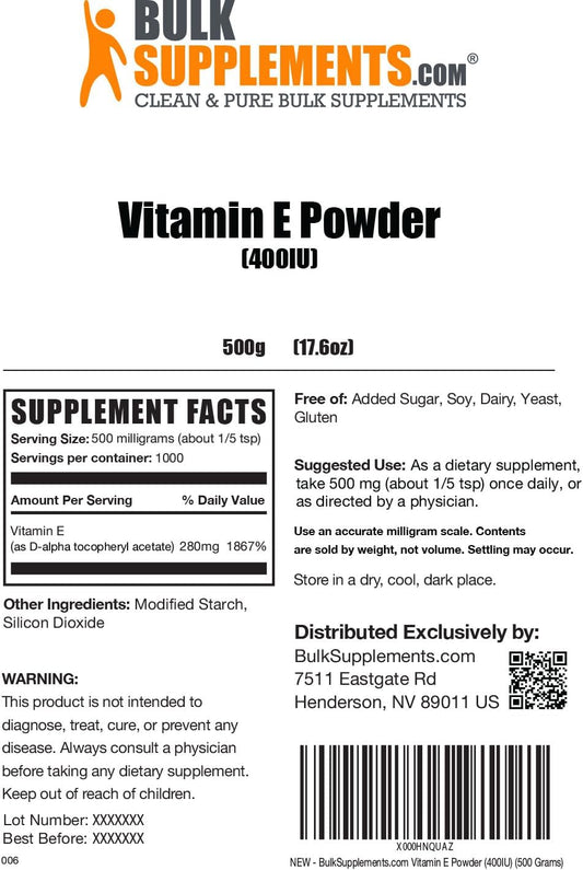 BULKSUPPLEMENTS.COM Vitamin E 400 IU Powder - D-Alpha Tocopherol Vitamin E, Vitamin E Supplements, Vitamin E Powder - Food Grade Vitamin E & Gluten Free, 500mg per Serving, 500g (1.1 lbs)