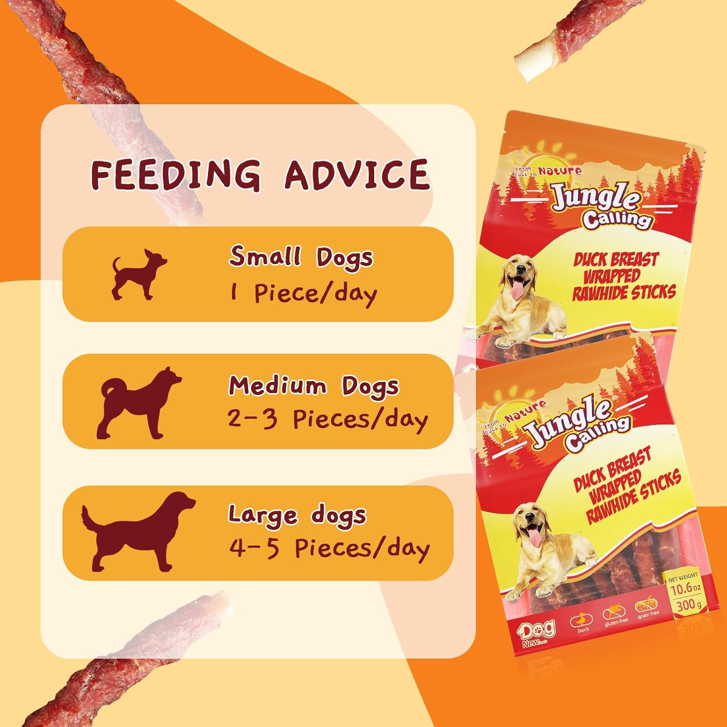 Jungle Calling Dog Treats, Duck Breast Wrapped Rawhide Sticks for Dogs, Grain-Free Natural Chewy Treats Picky Dogs, Puppy Chews Snacks,10.6 oz : Pet Supplies