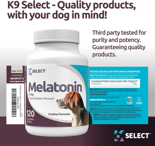 K9 Select 3Mg Melatonin For Dogs - Adrenal Support And Sleep Support - 120 Peanut Butter Flavored Tablets - Dog Melatonin For Medium Size Dog Breeds