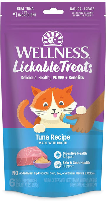 Wellness Lickable Treats Soft Puree Natural Grain Free Adult Cat Treats, Tuna Recipe, Contains 6-0.4 Ounce Squeezable Tubes