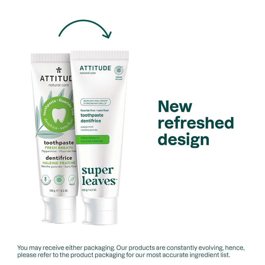 ATTITUDE Fluoride-Free Toothpaste, Plant- and Mineral-Based Ingredients, Vegan, Cruelty-Free and Sugar-Free, Fresh Breath, Peppermint, 4.2 Oz