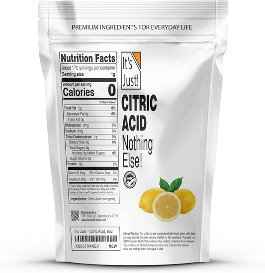 It'S Just - Citric Acid, Food Grade Flavor Enhancer Powder, Non-Gmo, Great For Cooking, Cleaning, Bath Bombs, Natural Preservative (6 Ounces)