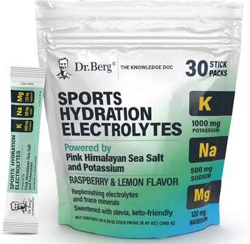 Dr. Berg Sports Hydration Electrolytes Powder W/More Salt (Pink Himalayan) - 30 Keto Electrolytes Powder Packets W/A Delicious Salty Raspberry & Lemon Flavor - Includes 1,000Mg Of Potassium