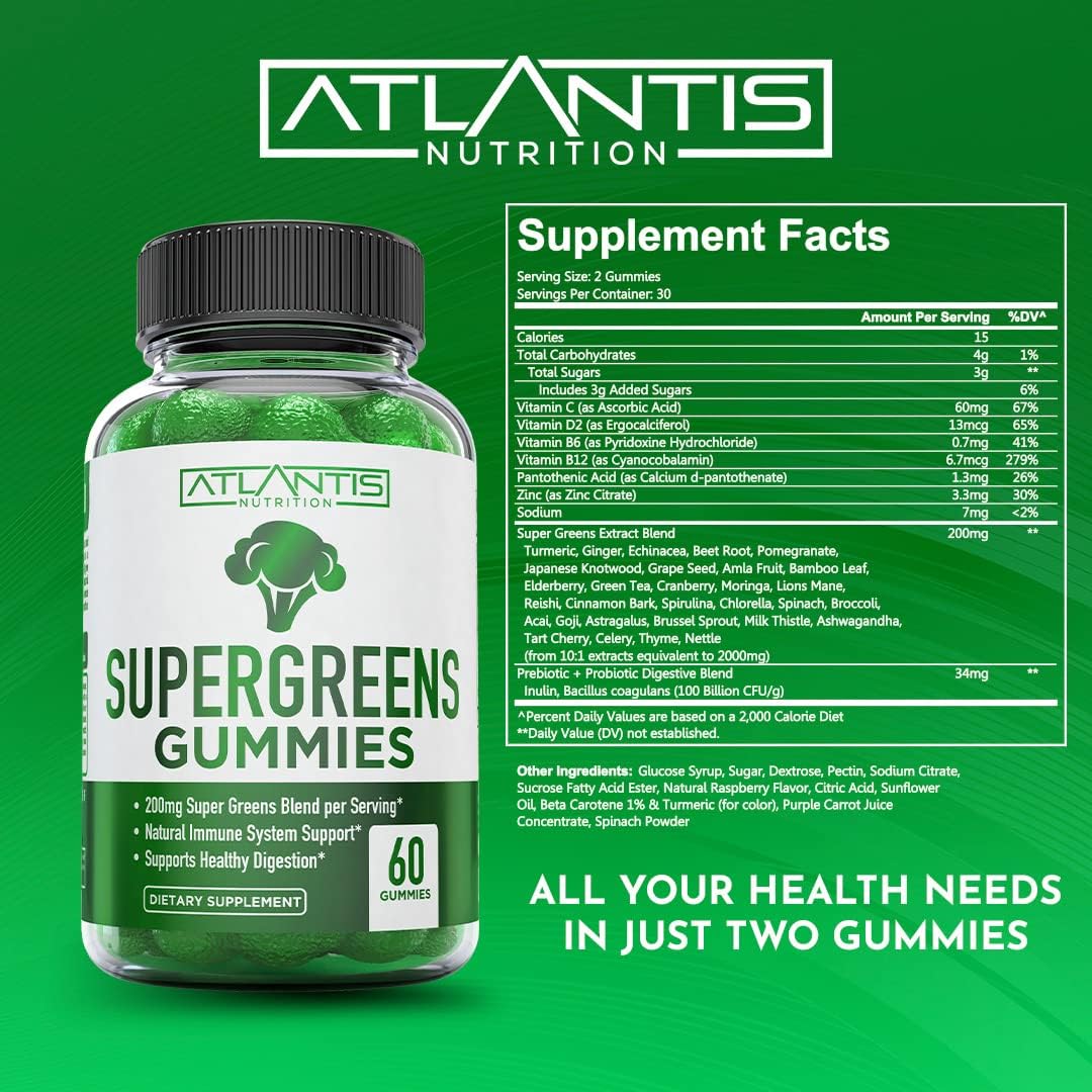 Supergreens Gummies - Daily Green Superfoods Supplement with Spinach, Broccoli, Moringa, Beet Root, Celery, Green Tea, & Acai for Immunity Support - Natural Raspberry Flavor, 60 Supergreen Gummies : Health & Household