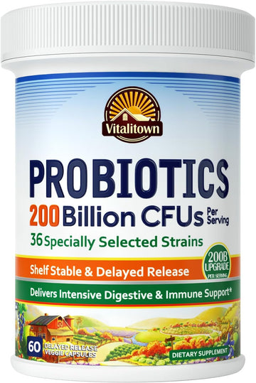 Vitalitown Probiotics 200 Billion Cfus 36 Strains | Shelf Stable, Acid & Bile Resistant | Intensive Digestive & Immune Support | Men & Women Probiotics | Vegan Non-Gmo | 60 Ct