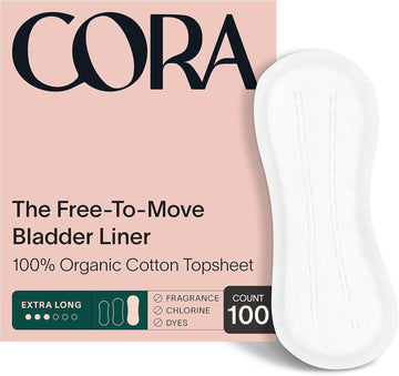 Cora Ultra Thin Organic Bladder Liners | Incontinence & Postpartum Pads For Women | Panty Liners For Bladder Leaks | Breathable Cotton (100 Extra Long Liners)